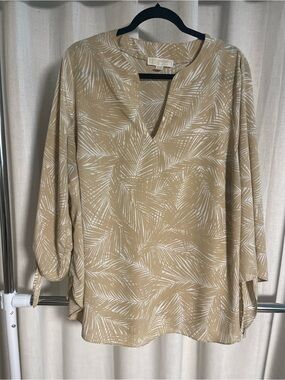 Michael Kors Tan Palm Print V-Neck Blouse